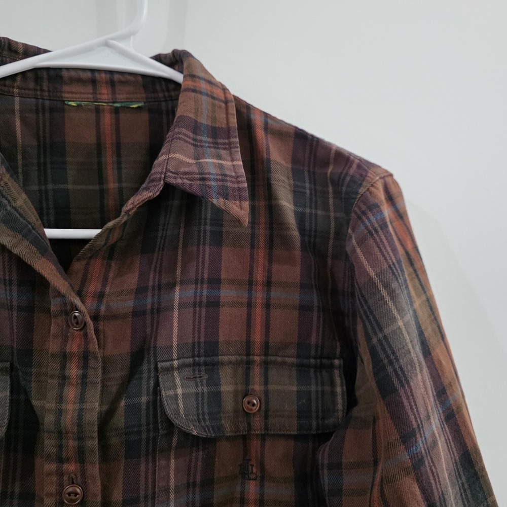 Vintage Lauren Ralph Lauren Womens Button Up Top Size Medium Plaid Neutral Brown - Picture 4 of 7
